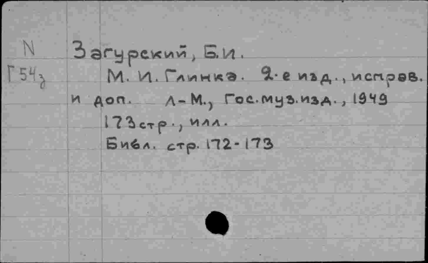 ﻿Б.И.
Г 5Н\ М. И. Глинке. ‘З.- е иъд., ислроа. и доп. Л-М.) Гос.муа.изА., 1943 1?Ъстр ■} ила.
6и$л. стр. П2" Г73